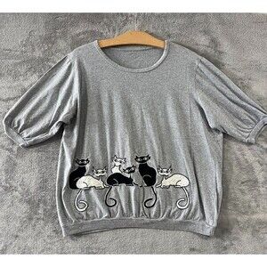 Vintage Black Cat Lady Kitten Crewneck Short Sleeve T Shirt Gray Womens L/XL?